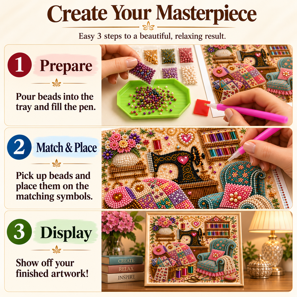 Sort beads, match symbols and display your completed diamond artwork