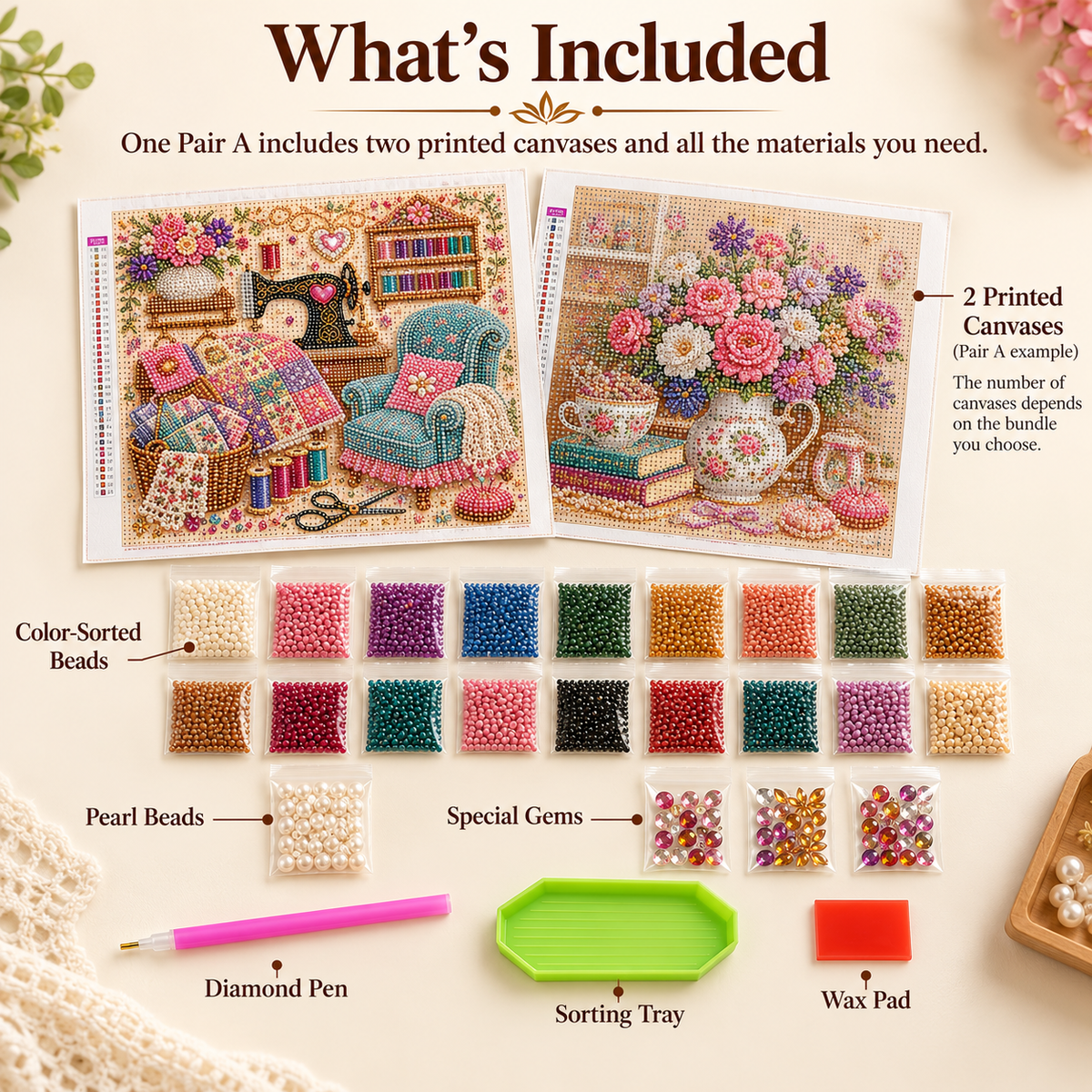 Diamond art kit canvas, beads, pen, tray and wax pad