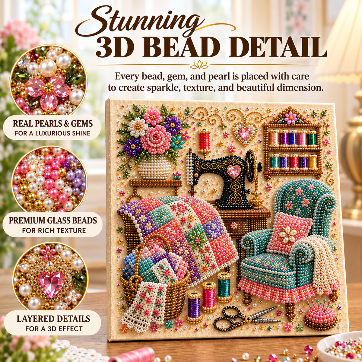 Pearl accents, decorative gems and bead texture