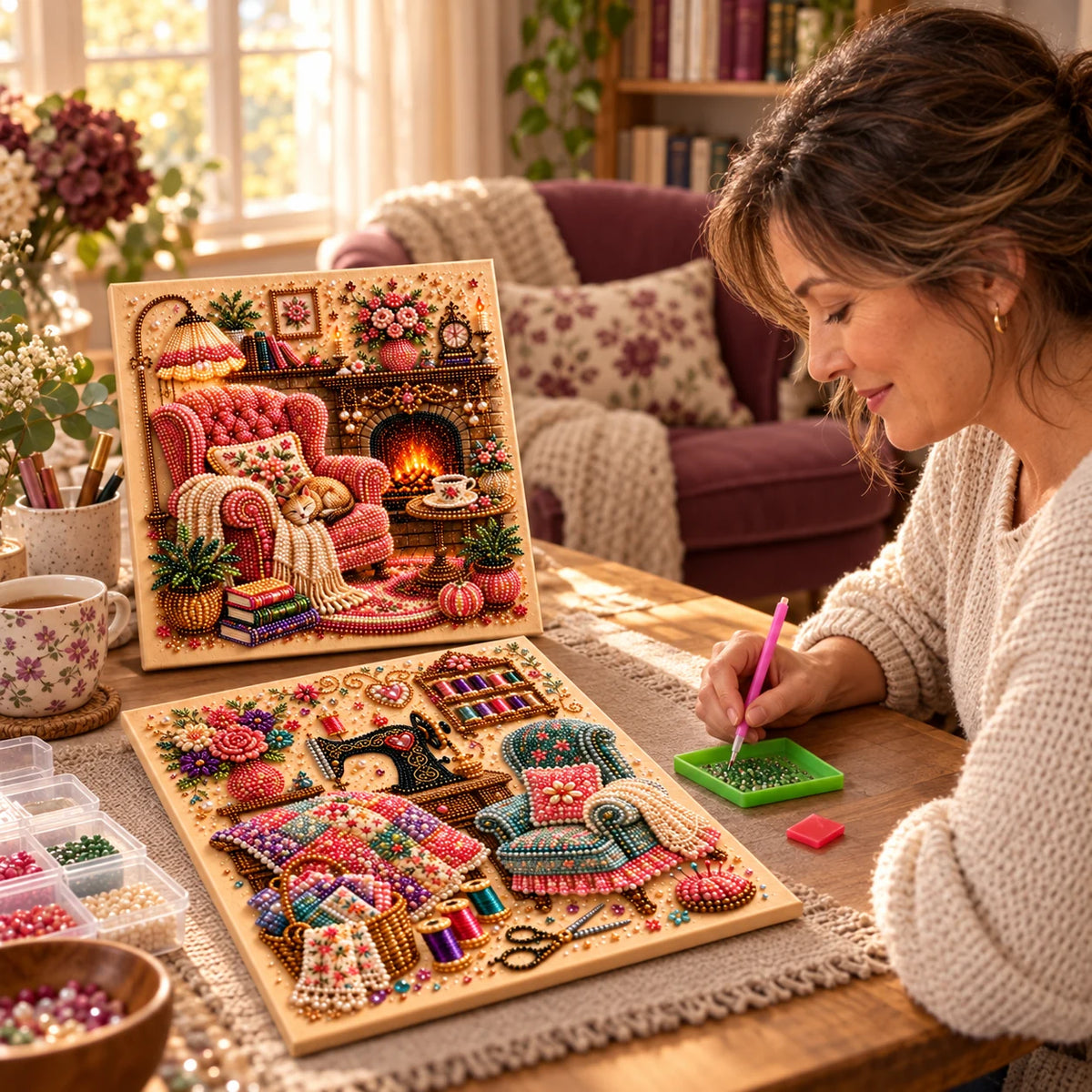 Styled scene of a crafter with Sewing Room and Reading Nook canvas artwork