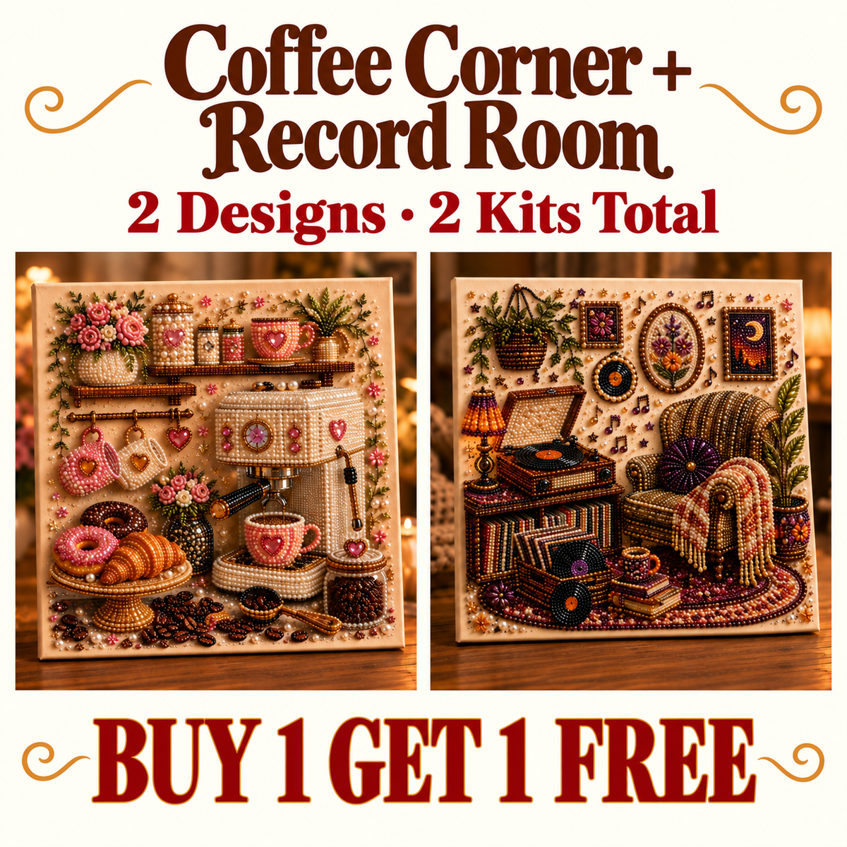 Blush Coffee Corner and Retro Record Room: two different canvas kits, one of each, no frames