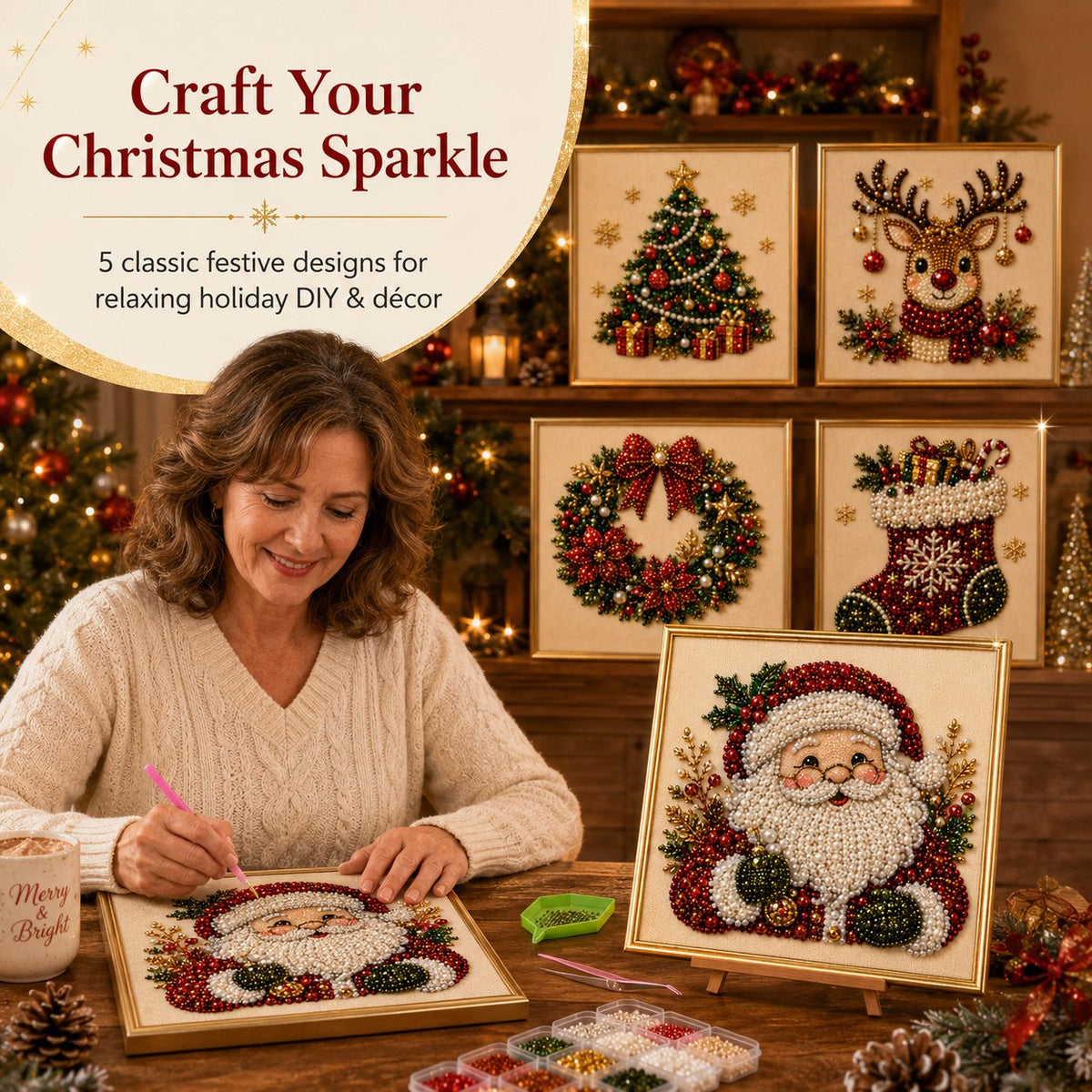 DIY Christmas Pearl Diamond Painting Art Kit With Frame - five festive designs