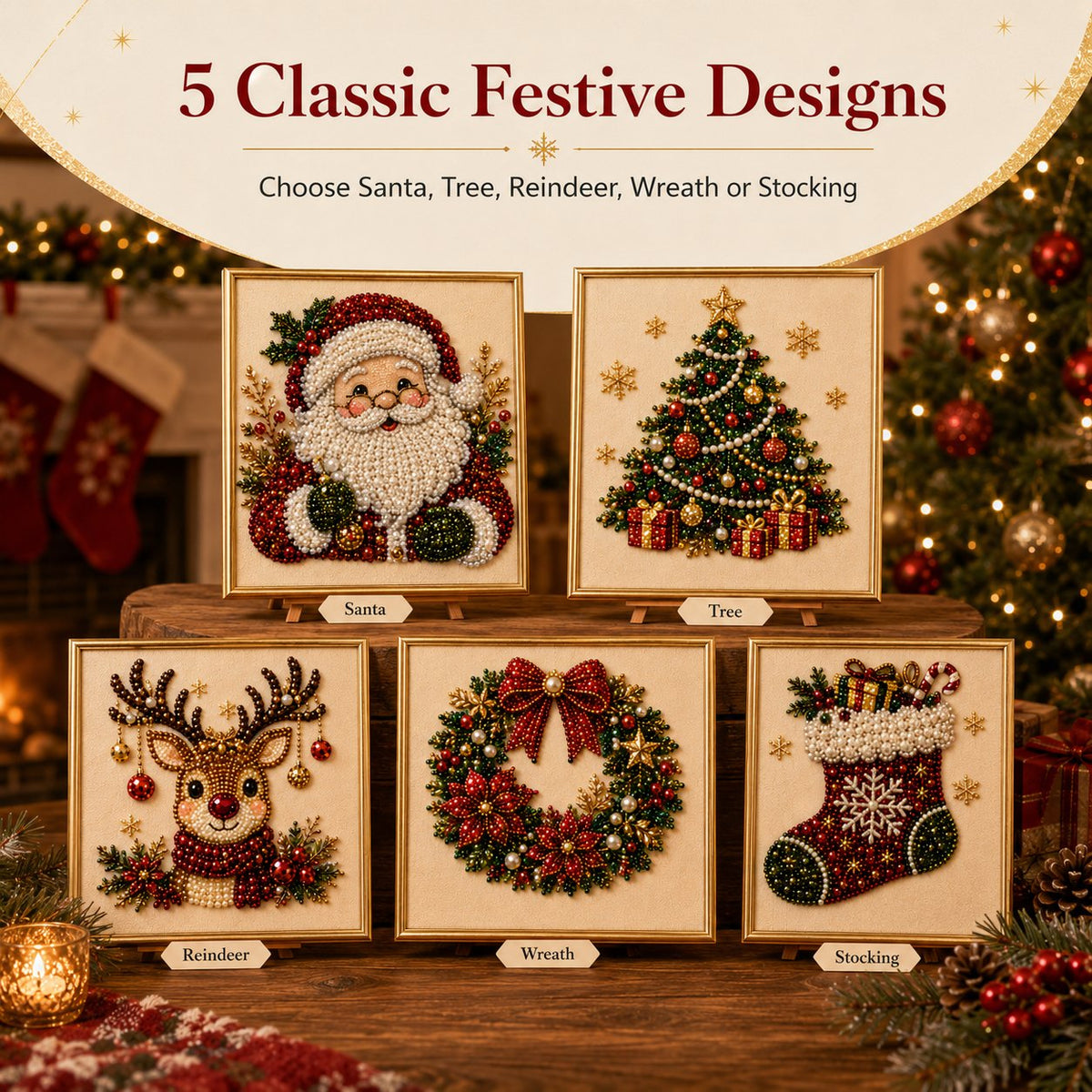 Five Christmas designs with included display frames